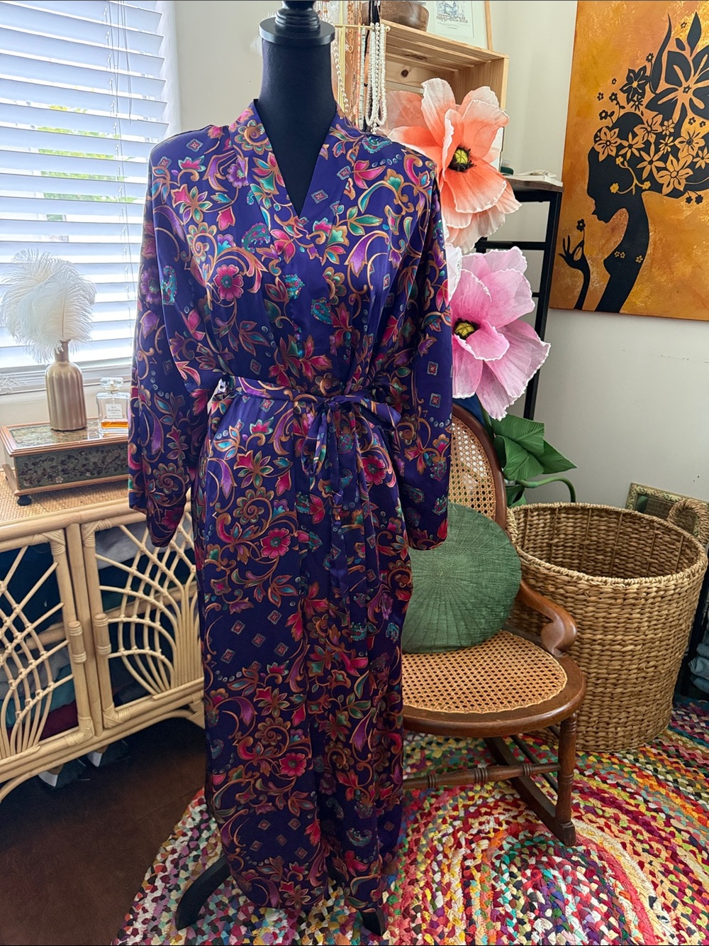 Vintage 80s/90s Just For Women Jeweltone Purple Floral Paisley Satin Kimono Robe